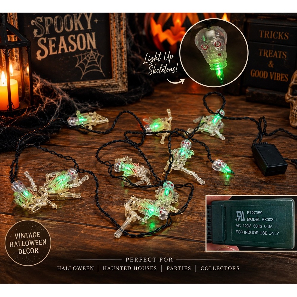 Vintage Halloween Skeleton String Lights Green Glowing Indoor Decor RX003-1